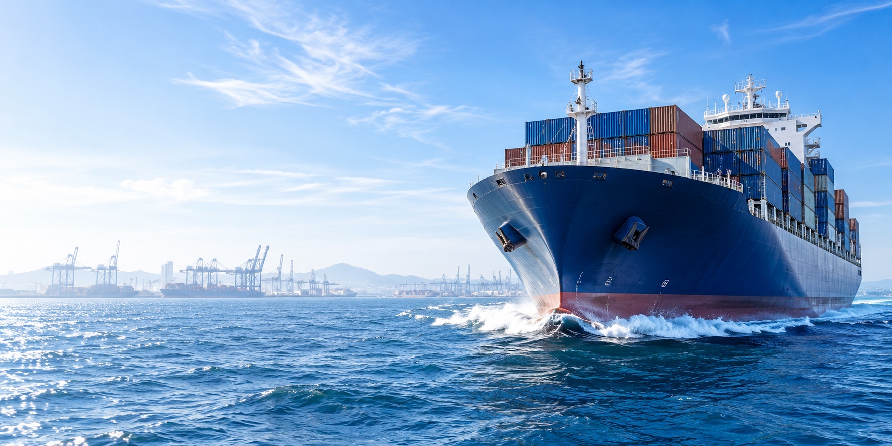 Container ship moving through blue water toward a global cargo port